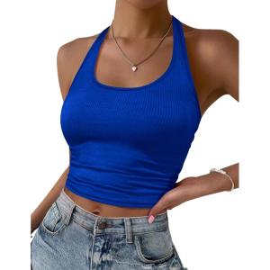 imageEkouaer Women Halter Top Backless Scroop Neck Slim Stretchy Ribbed Knit Camisole Crop Tops SXXLSky Blue