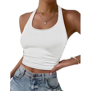 imageEkouaer Women Halter Top Backless Scroop Neck Slim Stretchy Ribbed Knit Camisole Crop Tops SXXLWhite