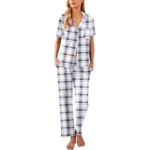 imageEkouaer Women Pajamas Set Button Down Sleepwear Short Sleeve Nightwear with Long Pants Soft Pjs Set SXXL2blue Plaid
