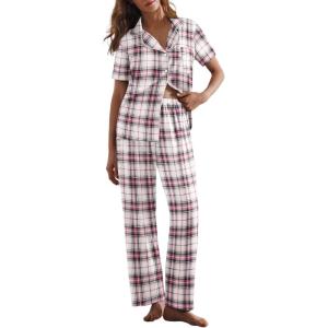 imageEkouaer Women Pajamas Set Button Down Sleepwear Short Sleeve Nightwear with Long Pants Soft Pjs Set SXXLBblack Pink Plaid