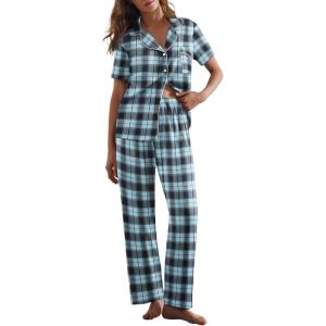 imageEkouaer Women Pajamas Set Button Down Sleepwear Short Sleeve Nightwear with Long Pants Soft Pjs Set SXXLBblue Black Plaid