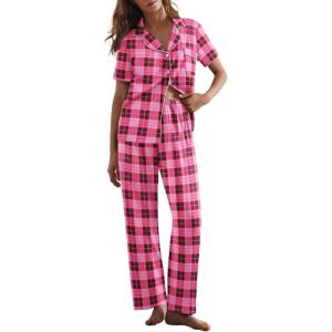 imageEkouaer Women Pajamas Set Button Down Sleepwear Short Sleeve Nightwear with Long Pants Soft Pjs Set SXXLBhot Pink Plaid