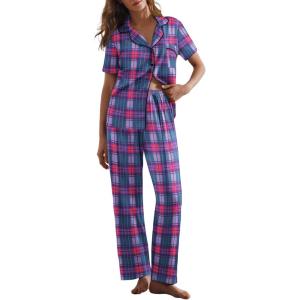 imageEkouaer Women Pajamas Set Button Down Sleepwear Short Sleeve Nightwear with Long Pants Soft Pjs Set SXXLBmagenta Plaid