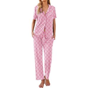 imageEkouaer Women Pajamas Set Button Down Sleepwear Short Sleeve Nightwear with Long Pants Soft Pjs Set SXXLClouds
