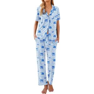 imageEkouaer Women Pajamas Set Button Down Sleepwear Short Sleeve Nightwear with Long Pants Soft Pjs Set SXXLElephant