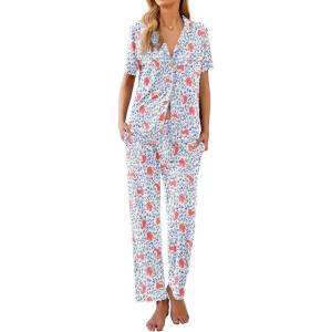 imageEkouaer Women Pajamas Set Button Down Sleepwear Short Sleeve Nightwear with Long Pants Soft Pjs Set SXXLPink Leopard