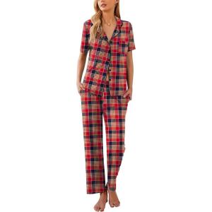imageEkouaer Women Pajamas Set Button Down Sleepwear Short Sleeve Nightwear with Long Pants Soft Pjs Set SXXLRed Blue Plaid