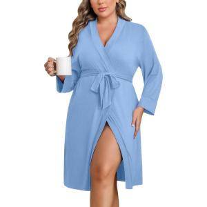 imageEkouaer Women Plus Size Robe Knee Length Lightweight Bathrobe Short Kimono Robes with Pockets Maternity Robe 1X5XLight Blue