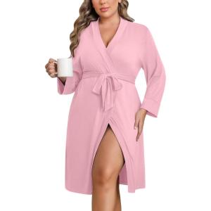 imageEkouaer Women Plus Size Robe Knee Length Lightweight Bathrobe Short Kimono Robes with Pockets Maternity Robe 1X5XLight Pink
