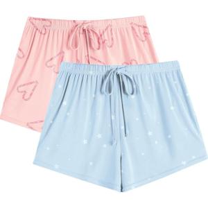 imageEkouaer Womens 2 Pack Pajama Shorts Comfy Lounge Bottom Y2k Printed Sleep Short with Pockets Pj Bottoms SXXLBlue StarPink Heart