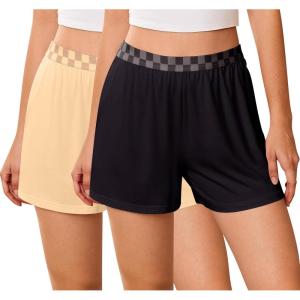 imageEkouaer Womens 2 Pack Pajama Shorts Comfy Plaid Elastic Waist Sleep Shorts Modal Soft Pj Bottoms with PocketsBlacklight Brown