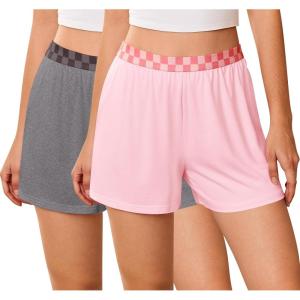 imageEkouaer Womens 2 Pack Pajama Shorts Comfy Plaid Elastic Waist Sleep Shorts Modal Soft Pj Bottoms with PocketsGraypink