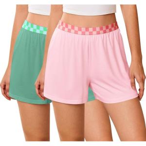 imageEkouaer Womens 2 Pack Pajama Shorts Comfy Plaid Elastic Waist Sleep Shorts Modal Soft Pj Bottoms with PocketsPinkgray Green