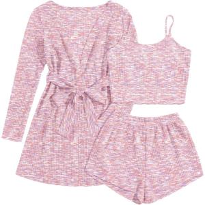 imageEkouaer Womens 3 Piece Waffle Knit Lounge Set Soft Pajama Sets Tank Top and Shorts Cardigan with Pockets SXXLPink Tie Dye