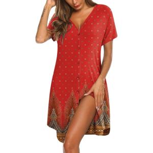 imageEkouaer Womens Button Down Nightgown Short Sleeve Sleepshirt V Neck Night Shirt Soft Pajamas Dress with PocketsFloral Red