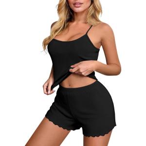 imageEkouaer Womens Cami Pajama Sets 2 Piece Ribbed Knit PJs Soft Lingerie Sleeveless Tank Top and Shorts Camisole Lounge SetBlack