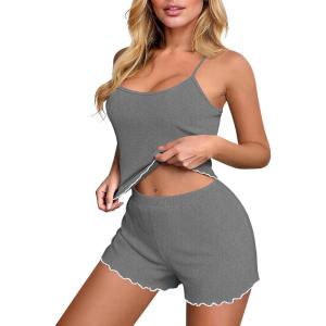 imageEkouaer Womens Cami Pajama Sets 2 Piece Ribbed Knit PJs Soft Lingerie Sleeveless Tank Top and Shorts Camisole Lounge SetLight Grey