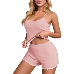 imageEkouaer Womens Cami Pajama Sets 2 Piece Ribbed Knit PJs Soft Lingerie Sleeveless Tank Top and Shorts Camisole Lounge SetLight Pink