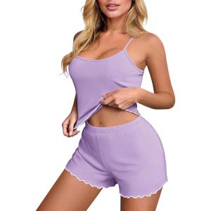 imageEkouaer Womens Cami Pajama Sets 2 Piece Ribbed Knit PJs Soft Lingerie Sleeveless Tank Top and Shorts Camisole Lounge SetLilac