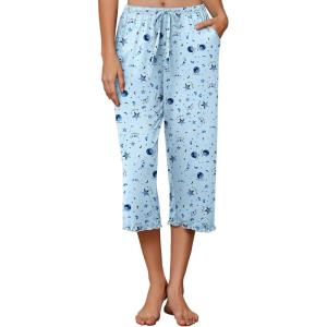 imageEkouaer Womens Capri Pajama Pants Wide Leg Lounge Sleep Pants Soft Comfy Drawstring Pj Bottoms with PocketsBlue Moon