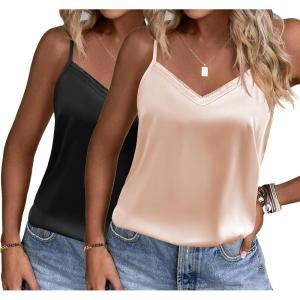 imageEkouaer Womens Lace Silk Satin Pajama Tank Tops V Neck Camisole Soft Spaghetti Strap Tops Loose Sleepwear S3XLBlack  Champagne