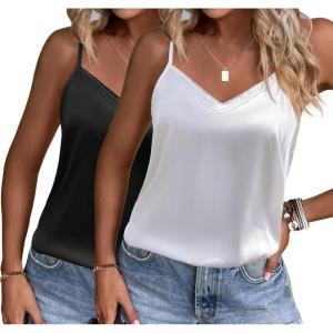 imageEkouaer Womens Lace Silk Satin Pajama Tank Tops V Neck Camisole Soft Spaghetti Strap Tops Loose Sleepwear S3XLBlack  White