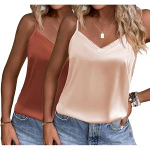 imageEkouaer Womens Lace Silk Satin Pajama Tank Tops V Neck Camisole Soft Spaghetti Strap Tops Loose Sleepwear S3XLBrown  Champagne