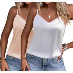 imageEkouaer Womens Lace Silk Satin Pajama Tank Tops V Neck Camisole Soft Spaghetti Strap Tops Loose Sleepwear S3XLChampagne  White