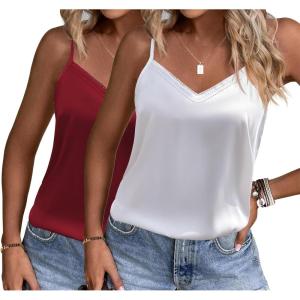 imageEkouaer Womens Lace Silk Satin Pajama Tank Tops V Neck Camisole Soft Spaghetti Strap Tops Loose Sleepwear S3XLWhite  Wine Red