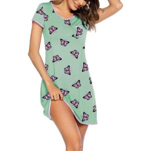 imageEkouaer Womens Nightgown Sleep Shirt Dress Satin Patchwork Short Sleeve Sleepwear with PocketGreen Butterfly