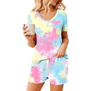 imageEkouaer Womens Pajama Sets Short Sleeve Pajamas for Women Sets Soft Lounge Sets Casual V Neck Sleepwear PJSYellow Tie Dye