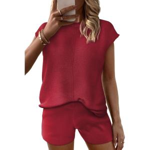 imageEkouaer Womens Pajamas Cap Sleeve Knit Lounge Set 2 Piece Soft Pjs Loungewear Sweater SetsBurgundy