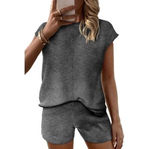 imageEkouaer Womens Pajamas Cap Sleeve Knit Lounge Set 2 Piece Soft Pjs Loungewear Sweater SetsDark Gray