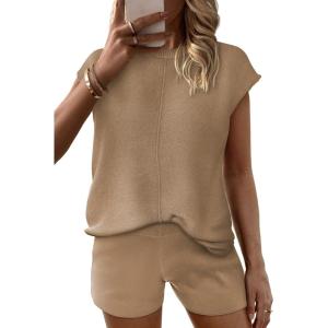 imageEkouaer Womens Pajamas Cap Sleeve Knit Lounge Set 2 Piece Soft Pjs Loungewear Sweater SetsKhaki