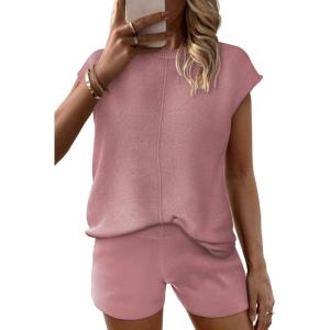 imageEkouaer Womens Pajamas Cap Sleeve Knit Lounge Set 2 Piece Soft Pjs Loungewear Sweater SetsPurple