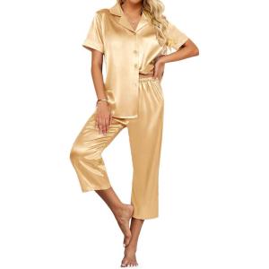 imageEkouaer Womens Satin Pajamas Silk Capri Pjs 2 Piece Lounge Sets Short Sleeve Button Down SleepwearLight Camel Color