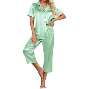 imageEkouaer Womens Satin Pajamas Silk Capri Pjs 2 Piece Lounge Sets Short Sleeve Button Down SleepwearLight Green