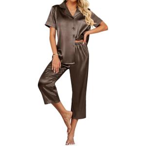 imageEkouaer Womens Satin Pajamas Silk Capri Pjs 2 Piece Lounge Sets Short Sleeve Button Down SleepwearSudan Brown