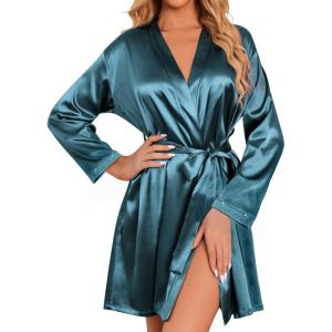 imageEkouaer Womens Satin Robe Short Bridesmaid Bride Feather Bridal Robe Kimono Silky Long Sleeve Bathrobe SXXLLake Green