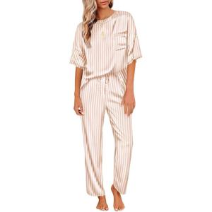 imageEkouaer Womens Satin Silky Pajama Set Short Sleeve Shirt with Long Pajama Pant Set Soft PJ LoungewearChampagne Striped