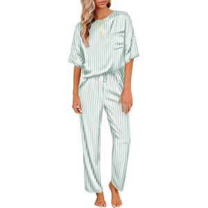 imageEkouaer Womens Satin Silky Pajama Set Short Sleeve Shirt with Long Pajama Pant Set Soft PJ LoungewearGreen Striped