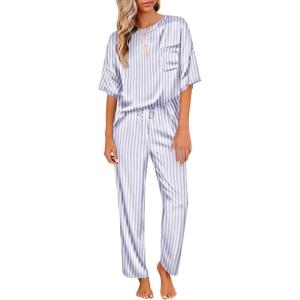 imageEkouaer Womens Satin Silky Pajama Set Short Sleeve Shirt with Long Pajama Pant Set Soft PJ LoungewearLilac Striped