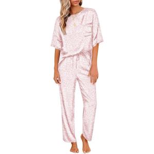imageEkouaer Womens Satin Silky Pajama Set Short Sleeve Shirt with Long Pajama Pant Set Soft PJ LoungewearPink Leopard