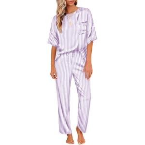 imageEkouaer Womens Satin Silky Pajama Set Short Sleeve Shirt with Long Pajama Pant Set Soft PJ LoungewearPurple Striped