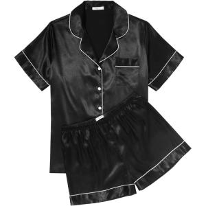imageEkouaer Womens Silk Satin Pajama Sets Soft Short Sleeve Button Down Sleepwear Top and Shorts 2 Piece Pjs Lounge Set SXXLBlack