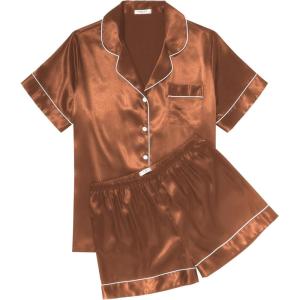 imageEkouaer Womens Silk Satin Pajama Sets Soft Short Sleeve Button Down Sleepwear Top and Shorts 2 Piece Pjs Lounge Set SXXLBrown