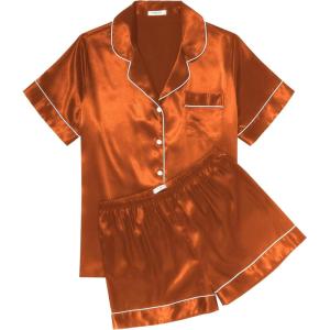 imageEkouaer Womens Silk Satin Pajama Sets Soft Short Sleeve Button Down Sleepwear Top and Shorts 2 Piece Pjs Lounge Set SXXLCaramel