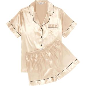 imageEkouaer Womens Silk Satin Pajama Sets Soft Short Sleeve Button Down Sleepwear Top and Shorts 2 Piece Pjs Lounge Set SXXLChampagne