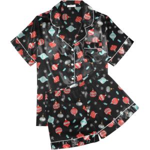 imageEkouaer Womens Silk Satin Pajama Sets Soft Short Sleeve Button Down Sleepwear Top and Shorts 2 Piece Pjs Lounge Set SXXLChristmas Black