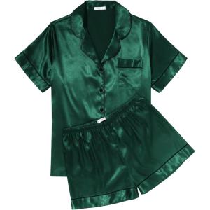 imageEkouaer Womens Silk Satin Pajama Sets Soft Short Sleeve Button Down Sleepwear Top and Shorts 2 Piece Pjs Lounge Set SXXLDark Green
